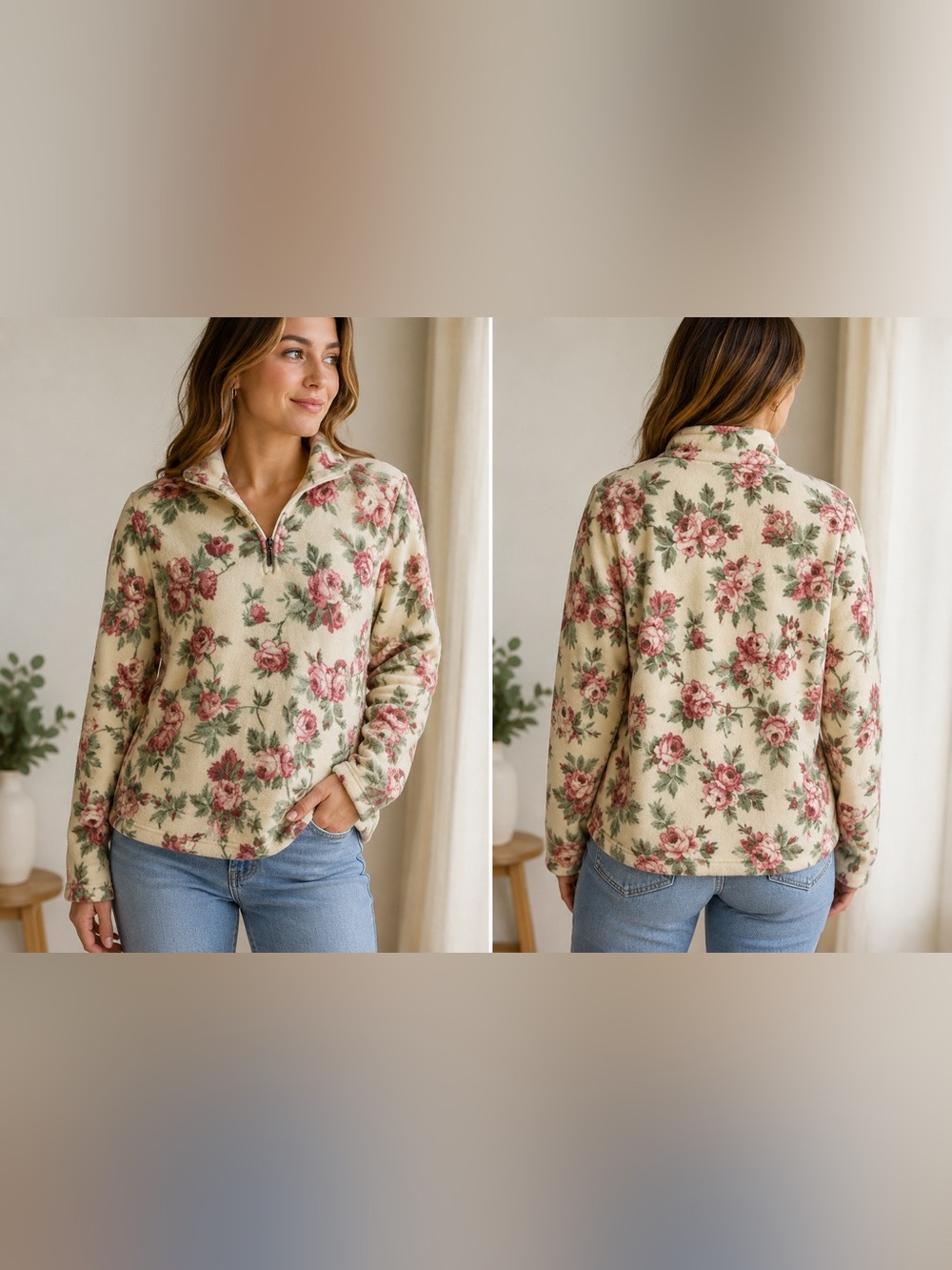 Northern Reflections Cream Floral Teddy Jacket with Pink Roses